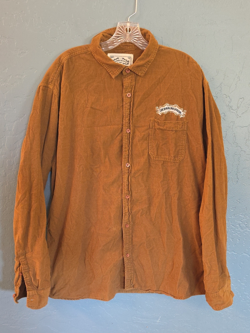 Embroidered Logo Men's Brown Button-Down Corduroy Shirt with Chest Pocket
